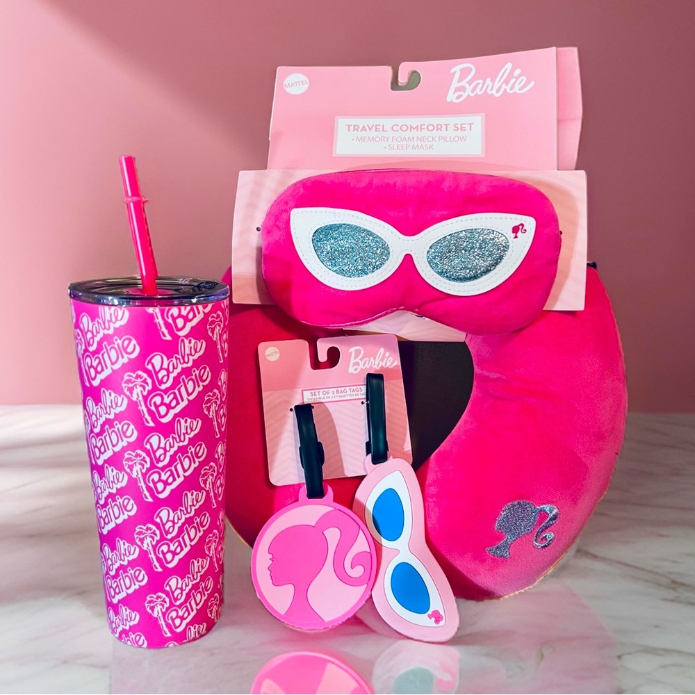 Barbie by Mattel Travel Bundle NWT Foam Neck Pillow & Sleep Mask Tags & Tumbler - Picture 1 of 10
